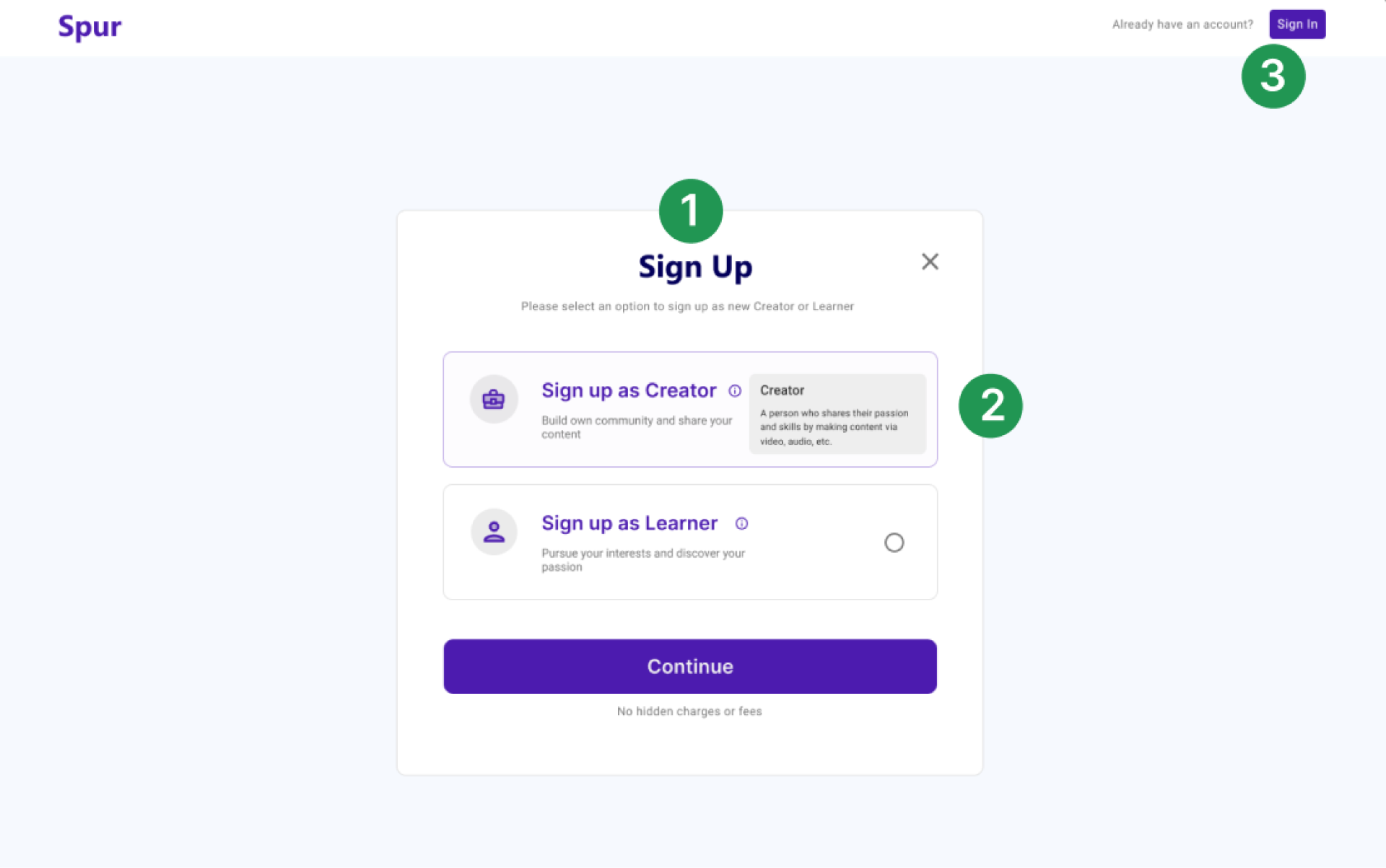 Design decisions annotated on the new sign up page